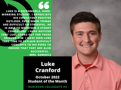 Luke Cranford October 2022 Student of the Month